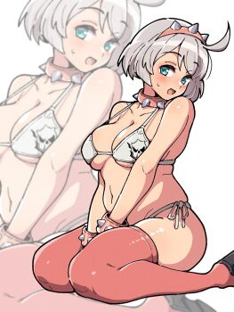 1girl :d ahoge between_legs bikini blue_eyes boots breasts collar double-parted_bangs elphelt_valentine foot_out_of_frame grey_bikini grey_hair guilty_gear guilty_gear_strive hairband hand_between_legs highres itsuka_neru large_breasts looking_at_viewer navel open_mouth pink_boots pink_collar pink_hairband plump short_hair sitting small_sweatdrop smile spiked_collar spiked_hairband spikes swimsuit thigh_boots white_background zoom_layer