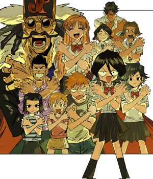 Rule 34 | 5girls, 6+boys, :d, :o, arisawa tatsuki, asano keigo, beard stubble, black eyes, black hair, black skirt, bleach, blue pants, blush, bow, bowtie, brown eyes, brown hair, closed eyes, closed mouth, collared shirt, commentary request, crossed arms, dark-skinned male, dark skin, diagonal-striped clothes, diagonal-striped necktie, don kanonji, facial hair, facing viewer, hair between eyes, hair ornament, hair over eyes, hairclip, hat, highres, inoue orihime, kojima mizuiro, kuchiki rukia, kurosaki ichigo, kurosaki isshin, kurosaki karin, kurosaki yuzu, long hair, long sleeves, looking at viewer, multiple boys, multiple girls, mustache, necktie, open mouth, orange hair, pants, pink shirt, pleated skirt, purple shirt, red bow, red bowtie, sado yasutora, school uniform, shirt, short hair, short sleeves, skirt, smile, spiked hair, striped clothes, striped shirt, stubble, sunglasses, sweatdrop, teeth, tongue, white shirt, xi luo an ya, yellow skirt