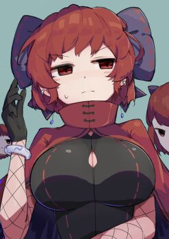1girl absurdres adapted_costume black_gloves black_shirt blue_background blue_bow blush bow bracelet breasts capelet cleavage cleavage_cutout closed_mouth clothing_cutout commentary earrings expressionless fishnet_sleeves fishnets floating_head gloves hand_up highres jewelry medium_breasts medium_hair multiple_heads red_capelet red_eyes red_hair sekibanki shirt solo touhou upper_body xin_wuwu