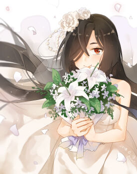 Rule 34 | 1girl, bare shoulders, black hair, blush, bouquet, breasts, bridal veil, closed mouth, commentary request, dated, dress, falling petals, flower, flower request, hair flower, hair ornament, hair over one eye, hands up, highres, holding, holding bouquet, kumin (6939359), large breasts, long hair, looking at viewer, one eye covered, origami yukari, petals, red eyes, rose, smile, solo, standing, strapless, strapless dress, toji no miko, veil, very long hair, wedding dress, white dress, white flower, white rose