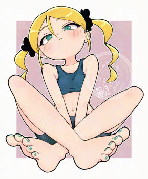 1girl aqua_nails barefoot bike_shorts blonde_hair blush border chichibu_(watson) crop_top feet green_eyes hair_between_eyes highres loli looking_at_viewer nail_polish navel original outside_border pink_background sitting solo toenail_polish toenails twintails white_border