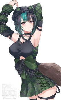 Rule 34 | 1girl, absurdres, animal ear headwear, aqua hair, arm behind head, armpits, arms up, black choker, black hair, black tank top, black thighhighs, braid, breasts, choker, cleavage, closed mouth, commentary request, cowboy shot, cross-laced clothes, cross-laced skirt, detached sleeves, fake animal ears, green skirt, hair bun, highres, hololive, hololive dev is, large breasts, looking at viewer, medium hair, miniskirt, multicolored hair, pleated skirt, purple streaks, red eyes, rindo chihaya, simple background, single thighhigh, skirt, smile, solo, streaked hair, suzuori fika, tank top, thigh strap, thighhighs, virtual youtuber, white background, white streaks