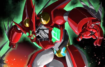 amakawa_mayu aura commentary_request fighting_stance getter-1 getter_robo holding holding_weapon light_particles mace mecha mecha_focus new_getter_robo no_humans outstretched_arms robot science_fiction solo spiked_mace spikes spread_arms super_robot weapon yellow_eyes