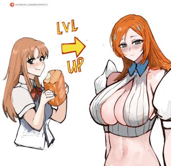 1girl 2024 absurdres age_progression artist_name before_and_after bleach bleach:_sennen_kessen-hen blouse bow bread breast_expansion breasts brown_eyes cleavage cleavage_cutout clothing_cutout detached_sleeves english_text food hair_ornament hairclip highres huge_breasts inoue_orihime karakura_high_school_uniform large_breasts long_hair midriff nero_watch orange_hair patreon_username red_bow school_uniform shirt simple_background white_background