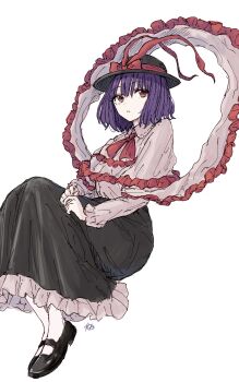 1girl absurdres alt_text black_hat black_shoes black_skirt bow commentary commission expressionless frilled_ribbon frilled_shirt frilled_skirt frills hagoromo hat hat_bow highres invisible_chair kashiwada_kiiho looking_at_viewer mary_janes nagae_iku necktie own_hands_together purple_hair red_bow red_eyes red_necktie ribbon shawl shirt shoes short_hair signature simple_background sitting skirt solo touhou white_background