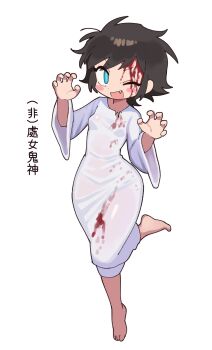 1girl batrobin_k blood blood_on_clothes blue_eyes blush_stickers breasts brown_hair fang ghost_costume halloween halloween_costume highres one_eye_closed original robin_(batrobin_k) short_hair simple_background small_breasts white_background