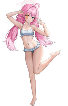 1girl absurdres ahoge bikini blue_archive blue_eyes blush breasts commentary_request double_v feet halo heterochromia highres hoshino_(blue_archive) long_hair low_twintails navel pink_hair pink_halo simple_background small_breasts solo standing standing_on_one_leg swimsuit twintails v white_background white_bikini won_(won3355) yellow_eyes