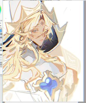 Rule 34 | 1boy, blonde hair, blue eyes, blue gemstone, chis74, closed mouth, cookie run, cookie run: kingdom, gem, gold trim, hat, heterochromia, long hair, looking at viewer, pure vanilla cookie, pure vanilla cookie (compassionate), simple background, solo, white background, white hat