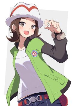 1girl absurdres blush breasts brown_eyes brown_hair commentary_request green_jacket harmony_(pokemon) hat highres jacket long_sleeves mega_ring nintendo open_clothes open_jacket open_mouth pants piyo_to_game pokemon pokemon_legends:_z-a shirt short_hair simple_background smile striped_hat upper_body white_hat white_shirt