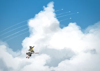 1girl 7ne1904 aircraft airplane apron black_hat black_skirt blonde_hair blue_sky bow broom broom_riding brown_shoes cloud commentary contrail english_commentary hat highres kirisame_marisa long_sleeves scenery shoes skirt sky socks solo touhou white_bow white_socks wide_shot