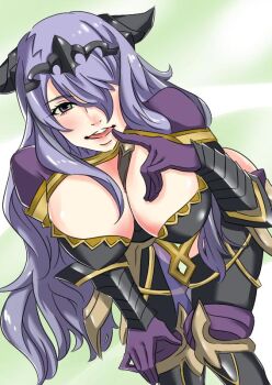 1girl between_breasts breasts camilla_(fire_emblem) cleavage finger_to_mouth fire_emblem fire_emblem_fates hair_over_one_eye hand_on_own_thigh large_breasts leaning_forward long_hair looking_at_viewer nintendo nonnyakonyako one_eye_covered purple_eyes purple_hair simple_background solo strap_between_breasts takumi_(fire_emblem) tiara wavy_hair