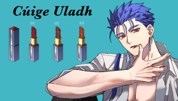 1boy bare_pectorals blue_background blue_hair cosmetics cu_chulainn_(fate) cu_chulainn_(lancer)_(fate) earrings fate_(series) irish_text jewelry lipstick lipstick_tube long_hair looking_at_viewer makeup male_focus pectorals ponytail red_eyes simple_background smeared_lipstick smearing solo translation_request upper_body yofu_(0042_2400)
