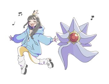 1girl amino_(2q8k0) black_hair blue_hoodie blush closed_eyes colored_skin cube_hair_ornament earclip full_body gem gen_1_pokemon hair_ornament happy highres hood hood_down hoodie jacket leggings lida_(pokemon) long_hair long_legs long_sleeves mega_pokemon mega_starmie musical_note nintendo no_eyes open_mouth orange_leggings pokemon pokemon_(creature) pokemon_legends:_z-a purple_skin red_gemstone ribbed_socks shirt shoes simple_background skipping smile socks starfish starmie staryu topknot two-tone_legwear white_background white_leggings wispy_bangs
