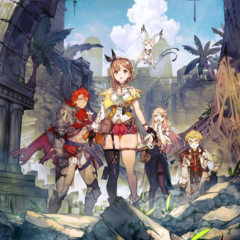 2boys 2girls abs armor asymmetrical_legwear atelier_(series) atelier_ryza atelier_ryza_2 bare_shoulders beret black_gloves black_pantyhose black_skirt black_thighhighs blonde_hair blue_sky brown_eyes brown_hair cape closed_mouth covering_own_mouth fi_(atelier) glasses gloves hat klaudia_valentz lent_marslink long_hair medium_skirt multiple_boys multiple_girls official_art open_mouth pantyhose pauldrons red_cape red_hair red_shorts reisalin_stout ruins second-party_source shirt short_shorts shorts shoulder_armor single_thighhigh skirt sky sleeveless sleeveless_shirt standing tao_mongarten thigh_strap thighhighs toridamono torn_cape torn_clothes white_hat white_shirt