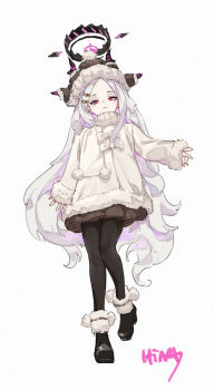 1girl black_pantyhose blue_archive demon_girl demon_horns full_body hat highres hina_(blue_archive) horns long_hair looking_at_viewer pantyhose purple_eyes simple_background solo standing very_long_hair white_background white_hair winter_uniform wucai_banlan_yu