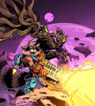 2boys animal_ears brown_hair claws colored_skin energy_beam energy_gun facial_hair fangs firing furry furry_male gloves groot guardians_of_the_galaxy gun highres holding holding_gun holding_weapon jetpack leo_chiola machine male_focus marvel marvel_snap military_vehicle multicolored_armor multiple_boys official_art open_mouth pawpads planet raccoon raccoon_boy raccoon_ears raccoon_tail red_eyes rocket_raccoon science_fiction short_hair space space_shuttle spacecraft spiked_gauntlets spiked_gloves tail weapon whiskers