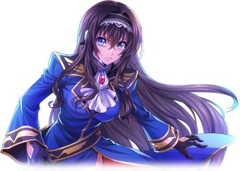 1girl black_gloves black_hair blue_eyes breasts closed_mouth code_geass code_geass:_lost_stories commentary_request f4samurai gloves long_hair looking_at_viewer maya_disel military_uniform neckerchief official_art pendulum_(code_geass) solo white_neckerchief