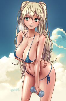 1girl absurdres arm_at_side arm_under_breasts bikini blonde_hair blue_bikini blue_sky breasts breath cleavage clenched_teeth cloud cloudy_sky collarbone commentary dumbbell dumbbell_nan_kilo_moteru? english_commentary exercising green_eyes gyaru hair_between_eyes highres kogal large_breasts leaning_forward looking_to_the_side navel parted_lips rahime sakura_hibiki signature sky stomach sweat swimsuit teeth twintails weightlifting