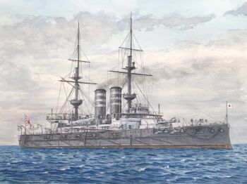 atelier_bono battleship blue_sky cannon casemate cloud commentary_request flag highres imperial_japanese_navy japanese_flag mast mikasa_(battleship) military military_vehicle no_humans ocean original painting_(medium) rising_sun_flag ship ship_turret sky smoke smokestack sunburst traditional_media vehicle_focus warship watercolor_(medium) watercraft waves