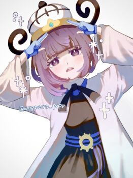 1girl arms_up blue_gloves blunt_bangs coat commentary_request dress eyelashes gloves gwynn_(pokemon) hat neck_ribbon nintendo open_clothes open_coat open_mouth partially_fingerless_gloves pokemon pokemon_legends:_z-a purple_eyes ribbon solo teeth twitter_username upper_teeth_only watermark white_background white_coat white_hat woppero_prpr