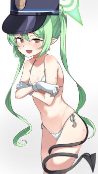 1girl @_@ absurdres bikini black_hat blue_archive breasts commentary crossed_arms demon_tail embarrassed feet_out_of_frame gloves gradient_background green_hair green_halo halo hat highres long_hair nozomi_(blue_archive) peaked_cap pointy_ears saabyboi side-tie_bikini_bottom small_breasts smile solo standing swimsuit tail tail_around_own_leg twintails white_background white_bikini white_gloves yellow_eyes