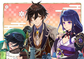 1girl 2boys black_hair blue_hair blunt_bangs blush bottle braid breasts bridal_gauntlets brown_hair cleavage commentary dango dango_milk_(genshin_impact) earrings egasumi flower food genshin_impact gradient_hair hair_between_eyes hair_flower hair_ornament hat hat_flower japanese_clothes jewelry kimono large_breasts long_hair low-braided_long_hair low-tied_long_hair mole mole_under_eye multicolored_hair multiple_boys neck_ribbon obi ponytail purple_eyes purple_flower purple_hair purple_kimono purple_nails raiden_shogun red_ribbon ribbon saklo sash shade short_hair_with_long_locks single_earring smile tassel tassel_earrings tea twin_braids venti_(genshin_impact) wagashi white_flower wine_bottle yellow_eyes zhongli_(genshin_impact)