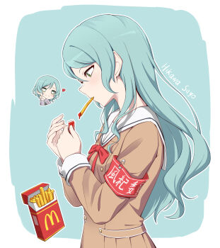 2girls absurdres anglediana aqua_hair armband bang_dream! brown_dress chibi chibi_inset chinese_commentary commentary_request dress food french_fries from_side hanasakigawa_school_uniform haneoka_school_uniform heart heart-shaped_pupils highres hikawa_hina hikawa_sayo improvised_cigarette ketchup long_hair medium_hair multiple_girls revision safety_pin sailor_collar school_uniform siblings sisters symbol-shaped_pupils twins white_sailor_collar