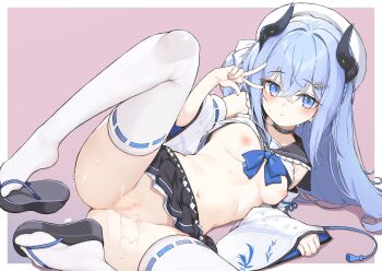 1girl blue_eyes blue_hair breasts censored clothes_lift copyright_request detached_sleeves hair_ornament hat highres horns long_hair looking_at_viewer lying mosaic_censoring navel nipples pussy sandals skirt small_breasts solo teranekosu thighhighs white_thighhighs