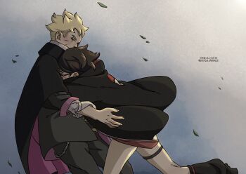1boy 1girl black_cape black_hair black_jacket black_pants black_socks blonde_hair blue_eyes boruto:_two_blue_vortex cape chain closed_eyes comic_panel_redraw commentary derivative_work english_commentary glasses highres hug jacket justcallmedolce leaf loose_socks naruto_(series) one_eye_closed pants scar scar_across_eye scar_on_face socks thigh_strap two-sided_cape two-sided_fabric uchiha_sarada uchiha_symbol undercut uzumaki_boruto