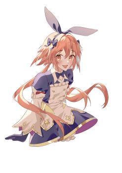 1boy androgynous animal_ears astolfo_(fate) astolfo_(saber)_(fate) astolfo_(saber)_(third_ascension)_(fate) black_bow black_bowtie black_gloves blush bow bowtie commentary cropped_legs fake_animal_ears fang fate/apocrypha fate/grand_order fate_(series) gloves gold_trim hair_bow hair_intakes long_hair male_focus minthurtable multicolored_hair official_alternate_costume open_mouth pink_hair purple_eyes rabbit_ears simple_background skin_fang smile solo streaked_hair twintails very_long_hair white_background white_hair wing_collar