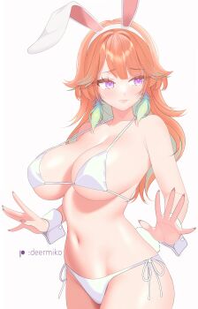 1girl absurdres animal_ear_hairband animal_ears averting_eyes bikini breasts cleavage closed_mouth colored_inner_hair commentary deermiko english_commentary fake_animal_ears feathers gradient_hair green_feathers green_hair hair_flaps hairband halterneck highres hololive hololive_english large_breasts long_hair multicolored_hair navel orange_hair purple_eyes rabbit_ear_hairband rabbit_ears side-tie_bikini_bottom simple_background solo stomach string_bikini swimsuit takanashi_kiara virtual_youtuber white_background white_bikini white_wrist_cuffs wrist_cuffs