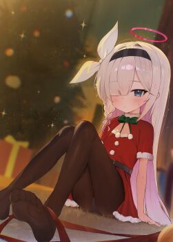 1girl 9nu absurdres black_pantyhose blue_archive colored_inner_hair commentary dress hair_over_one_eye halo highres long_hair multicolored_hair panties pantyhose pink_hair plana_(blue_archive) solo underwear