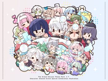 >_< 5boys 6+girls ahoge anaxa_(honkai:_star_rail) animal_ears aponia black_hairband blue_eyes brown_hair cake cat_ears cat_girl cat_tail chibi chimera_(honkai:_star_rail) cipher_(honkai:_star_rail) commentary company_connection cup cyrene_(honkai:_star_rail) disposable_cup elf elysia_(honkai_impact) english_commentary eyepatch food fu_hua green_hair grey_hair griseo griseo_(starry_impression) hairband highres hino_satoshi honkai:_star_rail honkai_(series) honkai_impact_3rd hyacine_(honkai:_star_rail) in-franchise_crossover inoue_marina instant_cup_noodles iran_stn kalpas_(honkai_impact) kevin_kaslana kosma long_hair mask mei_(honkai_impact) mobius_(honkai_impact) multiple_boys multiple_girls pardofelis phainon_(honkai:_star_rail) pink_hair pointy_ears purple_eyes second-party_source stelle_(honkai:_star_rail) tail teacup trailblazer_(honkai:_star_rail) very_long_hair voice_actor_connection white_hair yae_sakura yanning