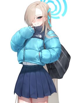 1girl absurdres asuna_(blue_archive) bag black_bag blonde_hair blue_archive blue_eyes blue_halo blue_jacket blue_ribbon blush down_jacket hair_over_one_eye hair_ribbon halo hand_in_pocket highres jacket long_hair mikelee0614 pleated_skirt product_placement ribbon school_bag shirt skirt smile solo white_shirt zipper zipper_pull_tab