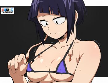 1girl artist_name audio_jack bikini bikini_top_pull black_eyes black_hair bluesky_logo boku_no_hero_academia breasts closed_mouth covered_erect_nipples fanbox_logo jiro_kyoka long_earlobes patreon_logo pixiv_logo purple_bikini short_hair sidelocks small_breasts solo sweat swimsuit tsuranukko twitter_x_logo