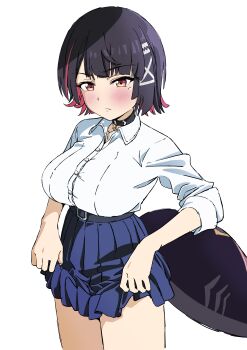 1girl absurdres black_choker black_hair blue_skirt breasts choker collared_shirt colored_inner_hair ellen_joe ellen_joe_(on_campus) fins fish_tail hair_ornament hairpin highres large_breasts looking_at_viewer mugi0913 multicolored_hair no_legwear official_alternate_costume red_hair red_streaks shark_girl shark_tail shirt short_hair skirt streaked_hair tail white_shirt x_hair_ornament yellow_eyes zenless_zone_zero