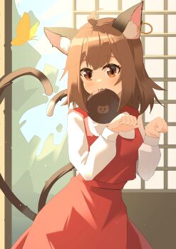 1girl absurdres ahoge animal_ear_fluff animal_ear_piercing animal_ears blush bow bowtie brown_eyes brown_hair bug butterfly cat_ears cat_tail chen chinese_commentary commentary_request heart heart_tail highres insect long_sleeves mouth_hold multiple_tails nekomata no_headwear paw_pose red_skirt red_vest sdftehn shirt skirt solo tail touhou two_tails vest white_bow white_bowtie white_shirt yellow_butterfly