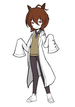 1girl agnes_tachyon_(tach-nology)_(umamusume) agnes_tachyon_(umamusume) ahoge animal_ears brown_hair drawofficemvp earrings employee_(project_moon) hair_between_eyes highres horse_ears horse_girl jewelry lab_coat lobotomy_corporation long_sleeves looking_at_viewer medium_hair necktie nugget_(project_moon) pantyhose project_moon red_eyes shirt short_necktie single_earring sleeves_past_fingers sleeves_past_wrists smile solo sweater umamusume yellow_sweater