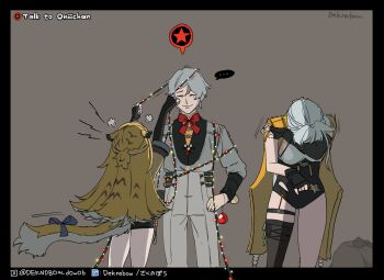 ... 1boy 2girls animal_ear_fluff animal_ears artist_name asymmetrical_gloves black_border black_gloves black_thighhighs black_unitard border bow bowtie breasts christmas_lights cleavage closed_eyes closed_mouth colored_inner_hair commentary cowboy_shot deknobow_dowob elbow_gloves english_commentary english_text from_behind garter_straps gloves grey_background grey_hair grey_jacket hands_on_own_hips highres jacket ju_fufu large_breasts motion_lines multicolored_hair multiple_girls official_alternate_costume pants red_bow red_bowtie short_hair single_elbow_glove single_garter_strap single_thighhigh spoken_ellipsis star_(symbol) striped_fur striped_hair tail tail_bow tail_ornament thigh_strap thighhighs tiger_ears tiger_girl tiger_stripes tiger_tail twitter_username uneven_gloves white_pants wise_(soaring_crane)_(zenless_zone_zero) wise_(zenless_zone_zero) yellow_jacket yixuan_(zenless_zone_zero) zenless_zone_zero