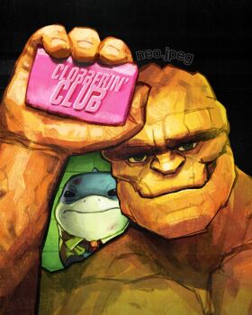 1boy absurdres artist_name ben_grimm black_eyes brick_wall bruise bruise_on_face commentary english_commentary english_text fantastic_four fight_club green_shirt highres holding_soap injury jeff_(marvel) looking_at_viewer male_focus marvel marvel_rivals movie_poster_(medium) necktie neo_jpeg parody poster_parody red_necktie rock_skin shark shirt smile upper_body