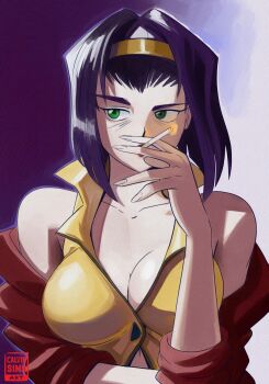1girl breasts calvin_sims cigarette cleavage cowboy_bebop faye_valentine female_focus green_eyes highres large_breasts lipstick makeup purple_hair short_hair solo upper_body