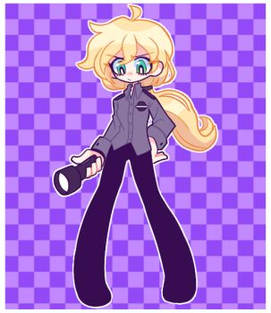 1girl ahoge blonde_hair border checkered_background fallenmooon five_nights_at_freddy's five_nights_at_freddy's:_security_breach flashlight green_eyes holding holding_flashlight long_hair long_sleeves pants ponytail security_guard shirt solo vanessa_(fnaf) white_border