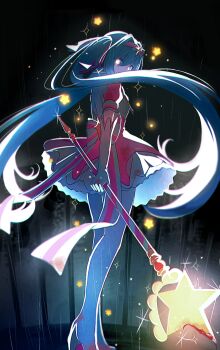 Rule 34 | 1girl, absurdres, aqua hair, bow, commentary request, dress, hair between eyes, hair bow, hair ornament, hatsune miku, highres, holding, holding wand, ima sugu rinne (vocaloid), long hair, looking at viewer, looking back, magical girl, pantyhose, pink dress, puffy short sleeves, puffy sleeves, ranran 3939, short sleeves, solo, star-shaped pupils, star (symbol), symbol-shaped pupils, twintails, very long hair, vocaloid, wand, white pantyhose