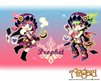 Rule 34 | 1boy, 1girl, 2001, anime coloring, ankle boots, ankle cuffs, argyle clothes, argyle hat, asgard, ben-day dots, bf. (sogogiching), black pants, black shoes, boots, bow, bowtie, braid, brooch, card, character name, chibi, chibi only, company name, copyright name, copyright notice, crescent, crescent brooch, crescent ornament, cross-laced clothes, cross-laced top, dated, diamond (shape), epee, eyelashes, fantasy, feathers, flipped hair, floating, floating object, green feathers, green hair, hair between eyes, halftone, halftone background, hat, hat feather, heart, holding, holding card, holding polearm, holding wand, holding weapon, jewelry, juliet sleeves, legs apart, light blush, long sleeves, looking to the side, medium hair, miniskirt, no nose, o-ring, official art, official wallpaper, open mouth, outline, pants, pink bow, pink bowtie, pink feathers, pink hair, playing card, polearm, prophet (asgard), puffy sleeves, purple eyes, purple hat, purple pupils, purple skirt, purple tabard, red tabard, screentones, second-party source, shirt, shoes, short hair, simple background, skirt, sleeve cuffs, smoke, spade (shape), star (symbol), star brooch, tabard, triangle mouth, twin braids, twintails, wand, weapon, white outline, white shirt