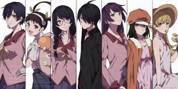 Rule 34 | 1boy, 6+girls, absurdres, araragi koyomi, bakemonogatari, black hair, black shirt, blonde hair, blue eyes, braid, breasts, brown eyes, brown hair, closed mouth, cowboy shot, donut, dress, eyelashes, fang, food, hachikuji mayoi, hair between eyes, hair over one eye, hairband, hand on own hip, hanekawa tsubasa, hat, highres, jacket, juliet sleeves, kanbaru suruga, long sleeves, looking at viewer, medium breasts, monogatari (series), multiple girls, naoetsu high school uniform, one eye covered, open mouth, orange hat, orange jacket, oshino shinobu, pink dress, pink shirt, puffy sleeves, purple eyes, purple hair, sao (55 nyu), school uniform, sengoku nadeko, senjougahara hitagi, shadow, shirt, short hair, simple background, skin fang, sleeveless, sleeveless dress, small breasts, smile, sun hat, twin braids, twintails, white background, white dress, white hairband