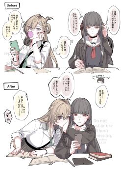 2girls aqua_necktie black_choker black_hair black_serafuku black_shirt black_skirt blowing_bubble_gum blue_eyes blush braid braided_bangs breasts chewing_gum chisa_(wuthering_waves) choker cleavage closed_mouth commentary_request earrings female_rover_(wuthering_waves) grey_hair hair_between_eyes hair_ornament hair_ribbon highres holding holding_pencil holding_phone jewelry jouhou long_hair looking_at_viewer lynae_(wuthering_waves) medium_breasts multicolored_hair multiple_girls multiple_views neckerchief necklace necktie open_mouth pencil phone red_eyes red_neckerchief red_ribbon ribbon rover_(wuthering_waves) sailor_collar school_uniform serafuku shirt simple_background skirt skull_hair_ornament star_(symbol) star_earrings streaked_hair translation_request very_long_hair white_background white_sailor_collar white_shirt wuthering_waves