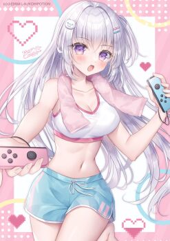 1girl bare_shoulders blue_shorts blush breasts cleavage exercising hair_ornament hairclip highres holding joy-con kohinata_hoshimi large_breasts long_hair looking_at_viewer medium_breasts midriff navel open_mouth original purple_eyes shorts solo sports_bra sportswear stomach towel towel_around_neck two-tone_sports_bra very_long_hair white_hair white_sports_bra