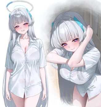 1girl black_bra blue_archive blush bra bra_visible_through_clothes breasts cleavage closed_mouth commentary_request grey_hair halo headgear highres kono_(xerondan321) large_breasts long_hair looking_at_viewer mechanical_halo multiple_views noa_(blue_archive) purple_eyes shirt smile standing underwear very_long_hair white_halo white_shirt