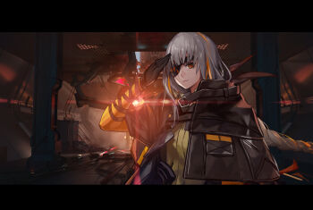 Rule 34 | 1girl, absurdres, bad link, black gloves, facial mark, forehead mark, game cg, girls' frontline, gloves, grey hair, highres, long hair, looking at viewer, m16a1 (girls' frontline), official art, orange eyes, scar, solo, standing