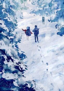 Rule 34 | 1boy, 1girl, absurdres, backpack, bag, black hair, black pants, black shoes, blue coat, blue hat, blue shorts, coat, commentary request, footprints, forest, from above, from behind, guitar case, hat, highres, instrument case, instrument case on back, jacket, kumagai nono, long hair, nature, no shoes, original, outdoors, pants, red jacket, scarf, scenery, shoes, short hair, shorts, snow, snowing, tree, when you see it, wide shot, winter